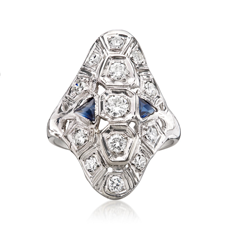 Vintage white gold dinner ring with rectangular cluster stones and two blue accents