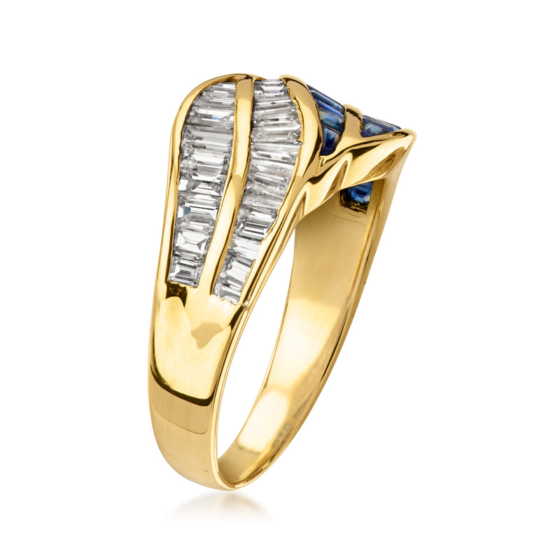 18kt yellow gold ring side view with blue sapphire and baguette diamonds