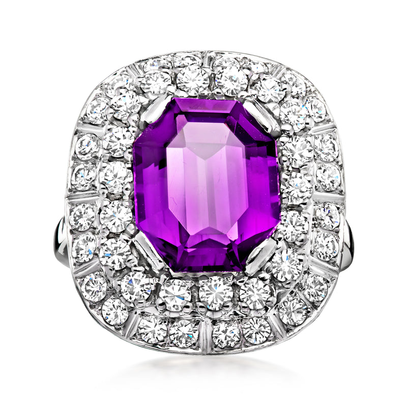 Amethyst and diamond halo ring in white gold, prong-set purple center stone