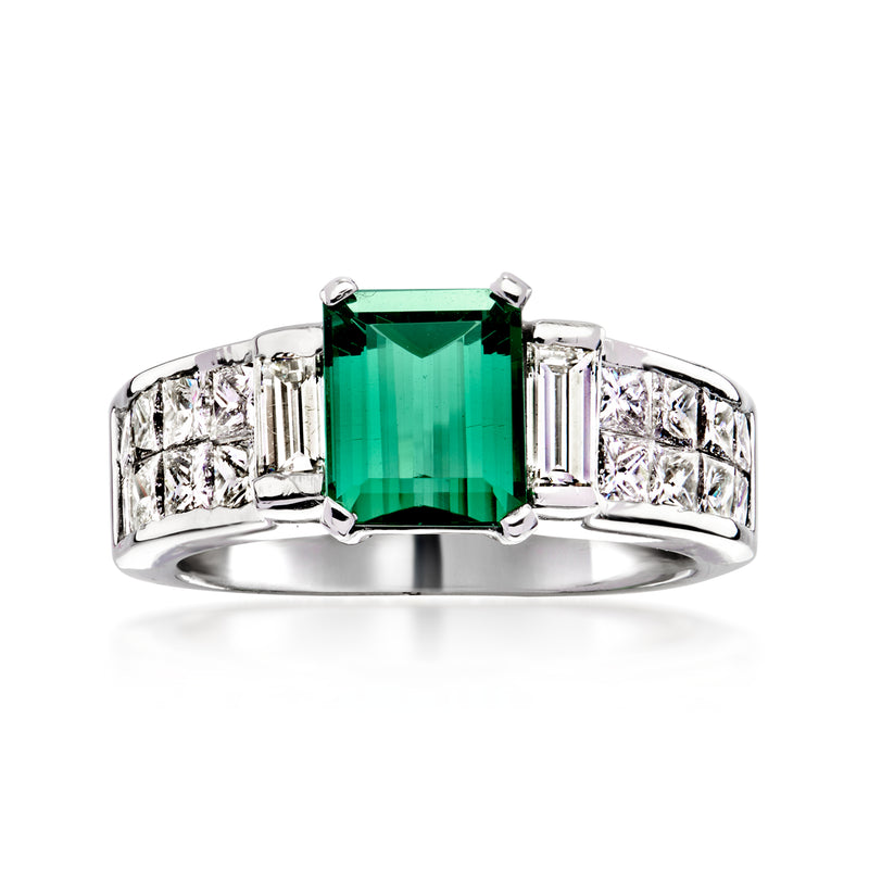 Emerald-cut green tourmaline ring with baguette diamond accents, white gold
