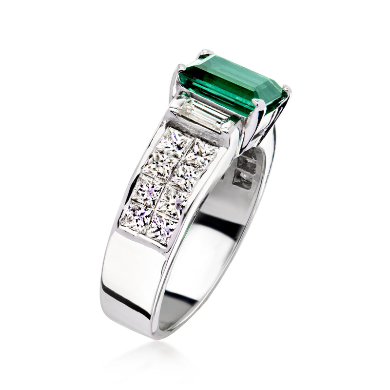 White gold ring with large emerald-cut green tourmaline and princess-cut diamonds