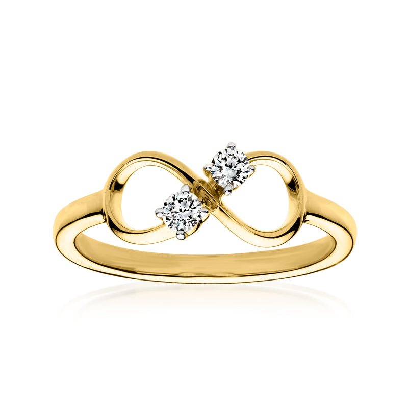 Gold infinity ring with two lab-grown diamond accents, open split band