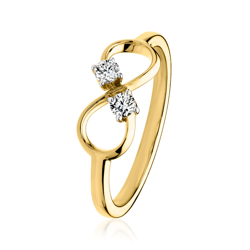 Gold infinity ring with two round diamond accents on split crossover band