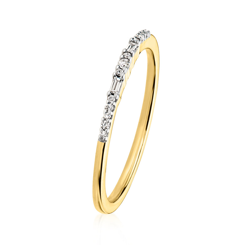 Gold over sterling diamond band ring with baguette-style and round stones, angled