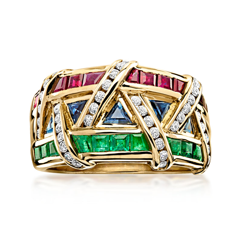 18kt yellow gold multi-gemstone diamond ring with green, blue, pink stones
