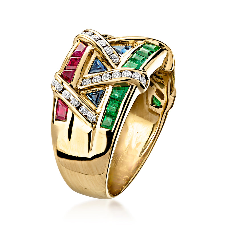 18kt yellow gold multi-gemstone diamond ring with green, blue, and pink accents
