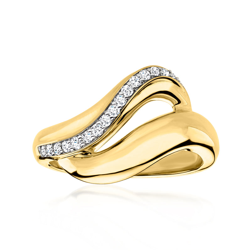 Diamond wavy ring in gold finish with curved band and pavé diamond accent