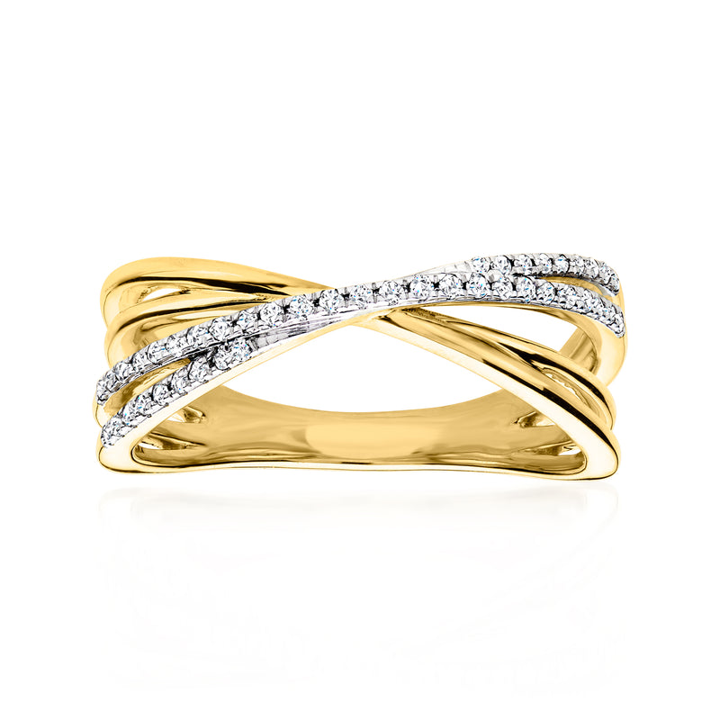 Diamond crisscross ring in 18kt gold over sterling with pavé band