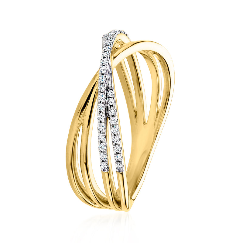 Diamond crisscross ring in 18kt gold over sterling with pavé diamond center band