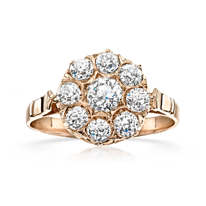 18kt rose gold diamond flower ring with round stones, vintage cluster style