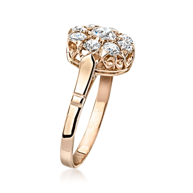 18kt rose gold diamond flower ring with round stone cluster, side angle view