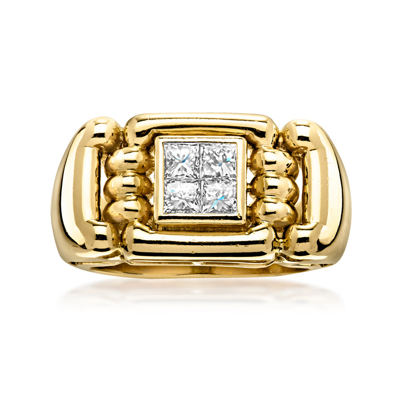 18kt yellow gold diamond ring with square center stone, cushion setting and bead accents