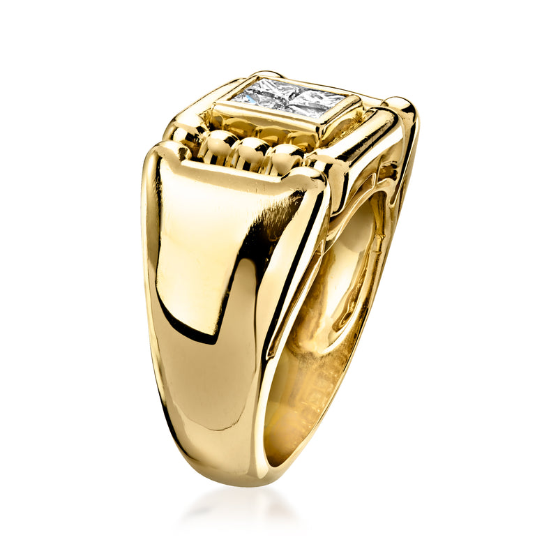 Yellow gold diamond ring with square center stone and scalloped bezel, side view