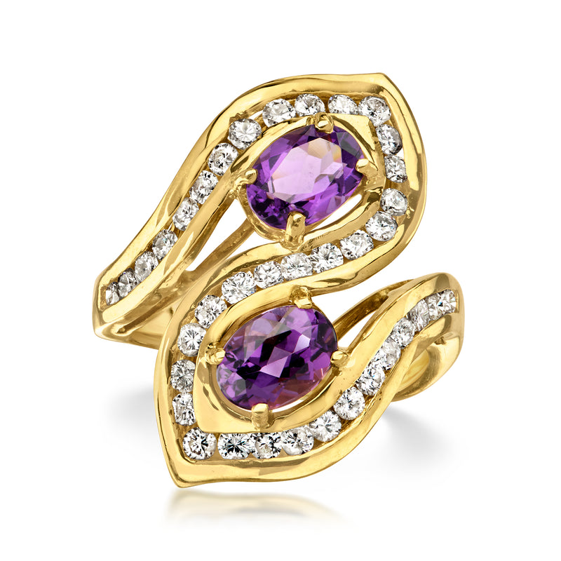 18k yellow gold amethyst bypass ring with diamond halos and two oval stones