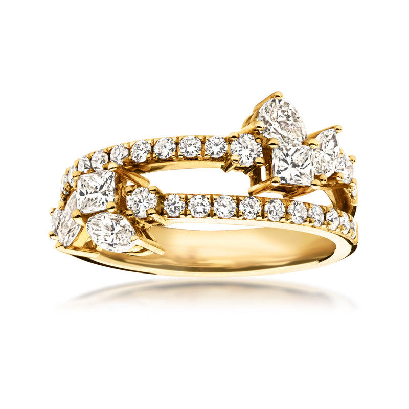 18kt yellow gold diamond two-row ring with multi-shaped stones, openwork setting