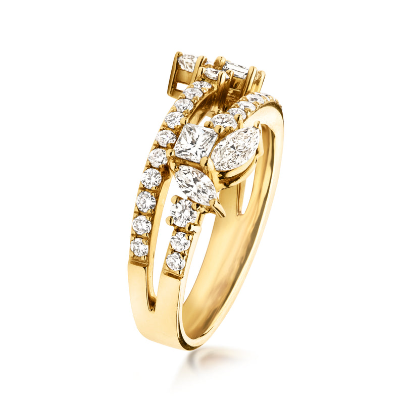 Yellow gold diamond two-row ring with raised multi-shaped center stones, side view