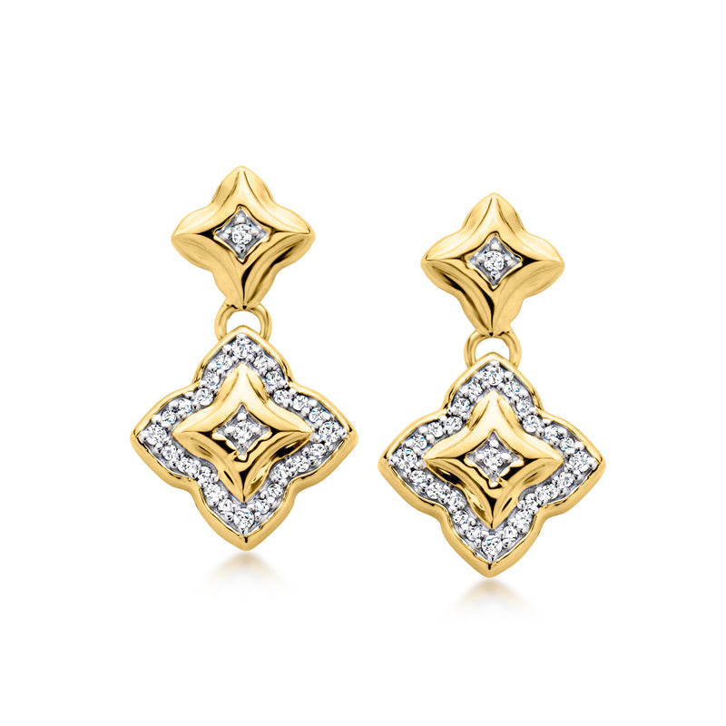 Gold drop earrings with diamond-shaped clusters and square center stones