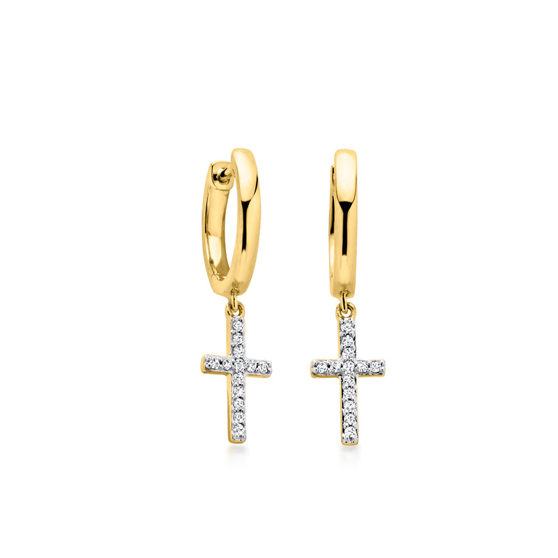 Gold-tone hoop earrings with diamond cross drop pendants