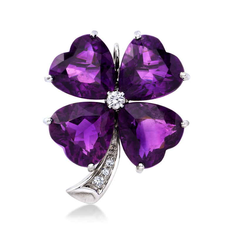 Amethyst heart-clover pin/pendant in 14k white gold with diamond center and four hearts