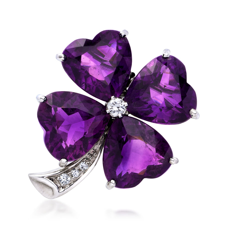Amethyst heart-clover pin/pendant in 14k white gold with heart stones and white diamond