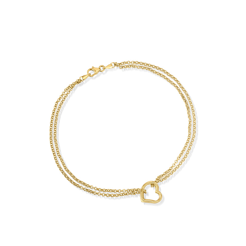 Heart charm two-strand anklet, 14kt yellow gold double chain with heart clasp.
