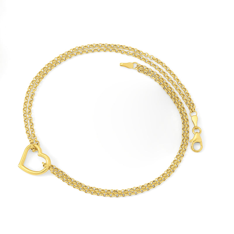 Two-strand 14kt yellow gold anklet with heart charm and adjustable clasp end.