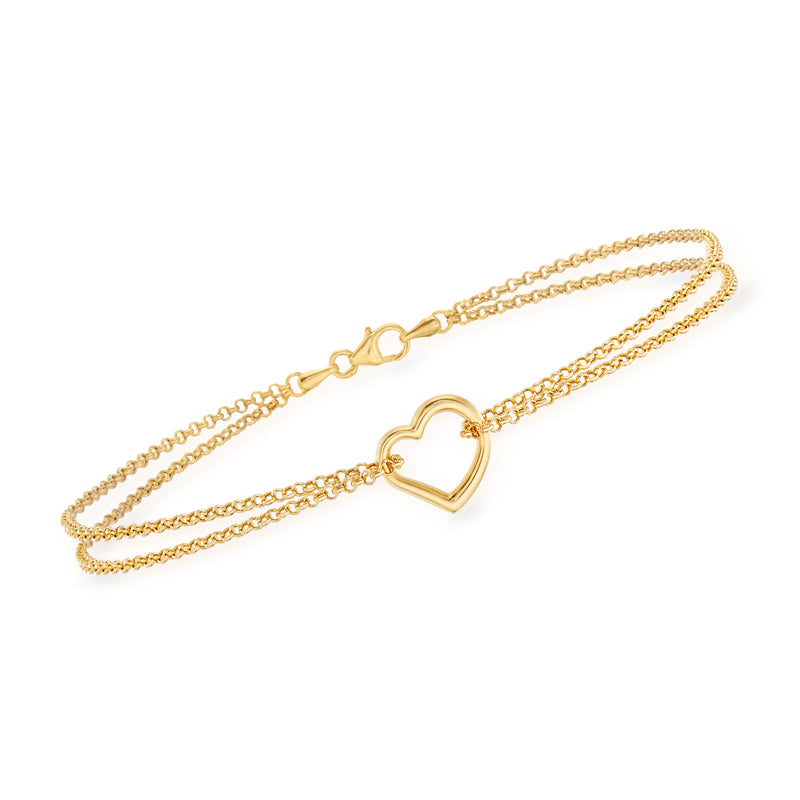 Two-strand heart anklet in 14kt yellow gold with heart center and chain links.