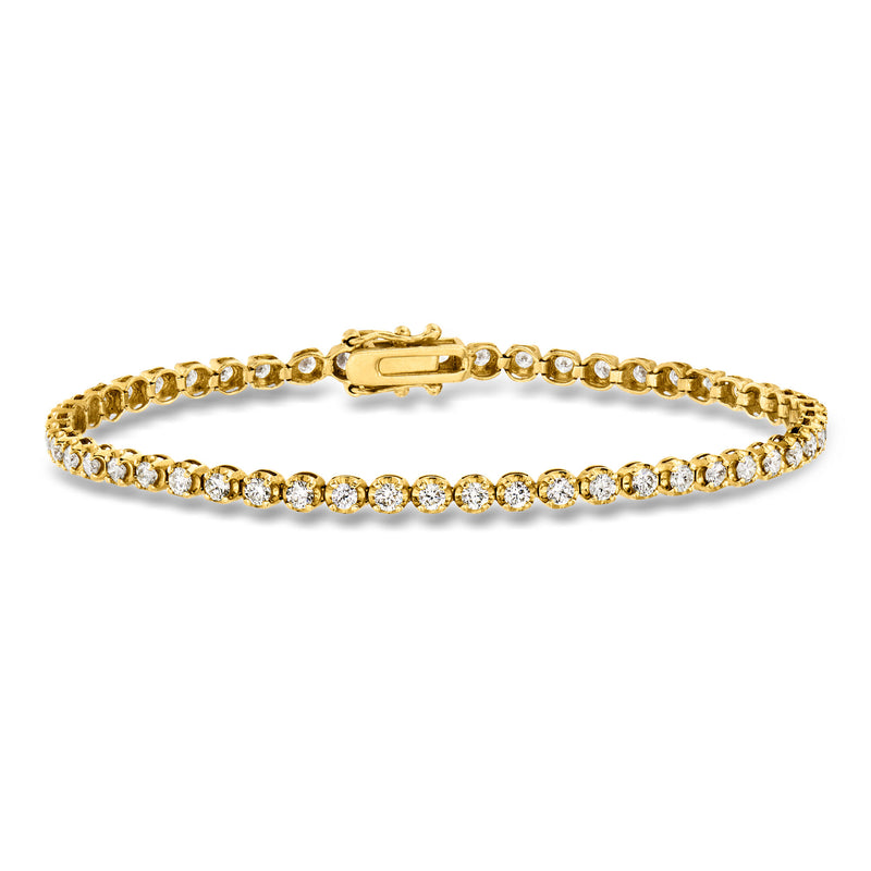 Yellow gold diamond tennis bracelet with round stones in a line and hinged clasp