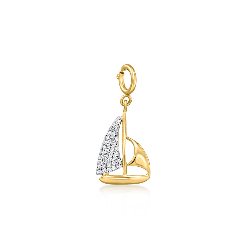 Gold over sterling sailboat charm with glittered sail and round bail loop