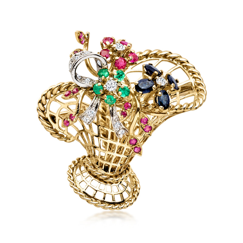 Two-tone gold flower basket pin with multicolor gemstones and diamond accents