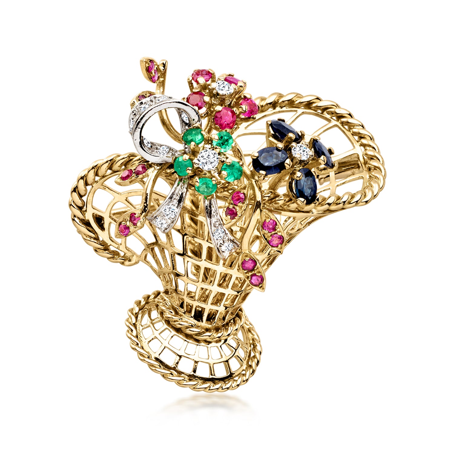 C. 1980 Vintage 2.25 ct. t.w. Multi-Gemstone and .25 ct. t.w. Diamond Flower Basket Pin in 18kt Two-Tone Gold