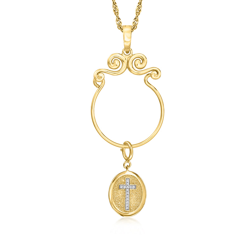 Round diamond cross charm disk with decorative oval bail in gold