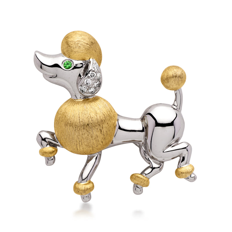 Two-tone gold poodle lapel pin with small gemstone accents, hinged back