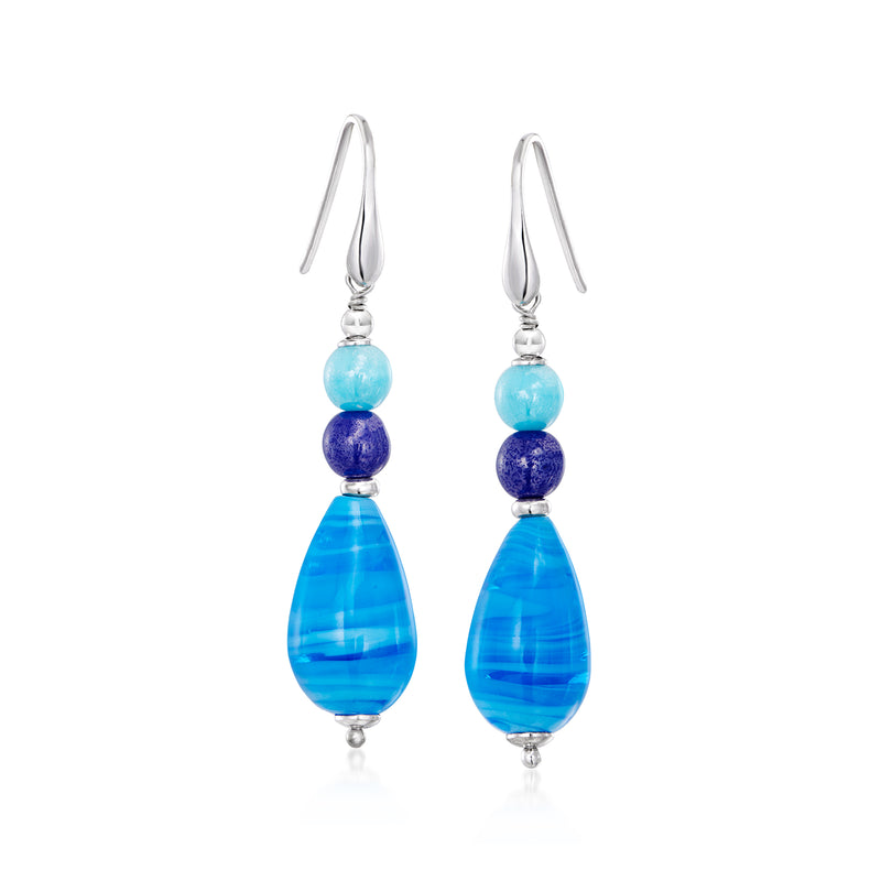 Sterling silver drop earrings with blue Murano glass beads and teardrop glass