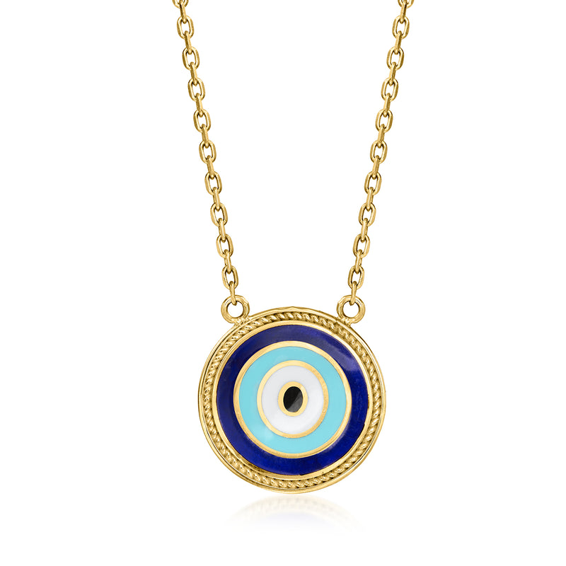 Gold-plated round evil eye pendant necklace with blue and multicolor enamel