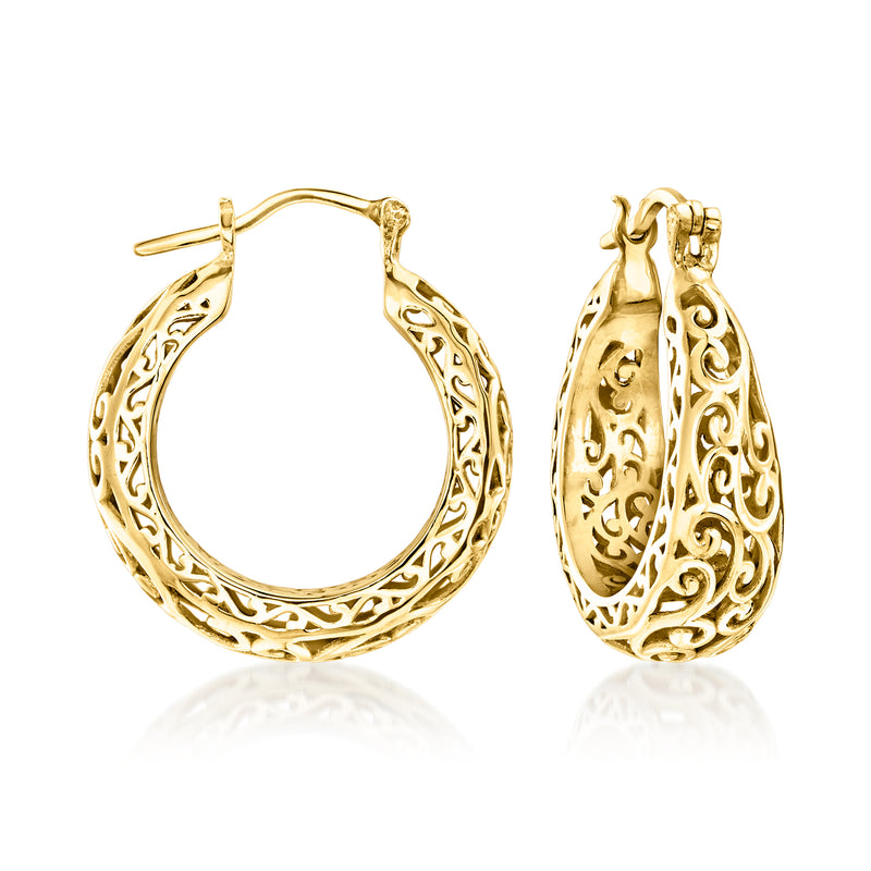 Yellow gold-plated scrollwork hoop earrings, round open hoop with ornate filigree