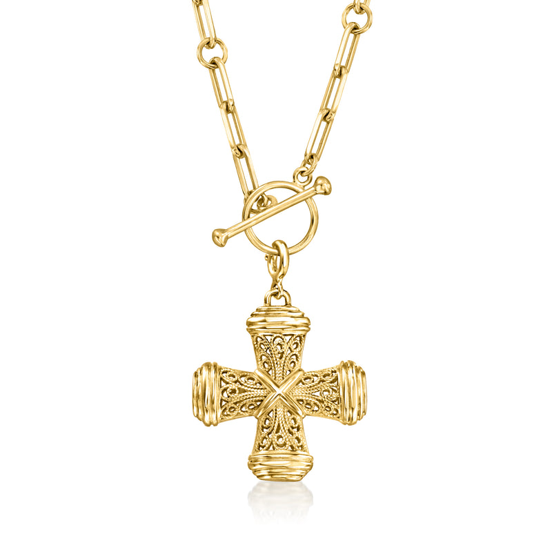 Gold-plated filigree cross charm with chain links, centered cross pattern
