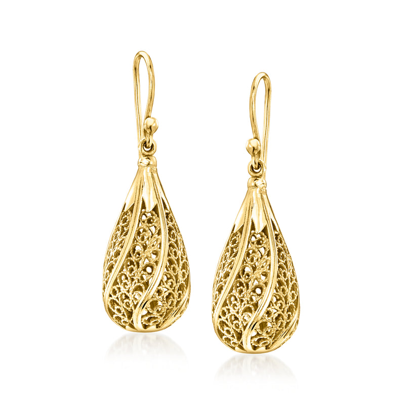 Gold-plated teardrop filigree drop earrings with wire ear hooks