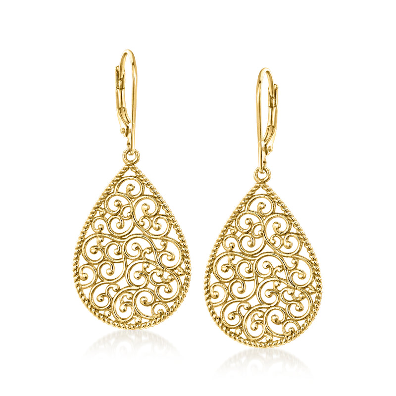 Gold-plated teardrop filigree drop earrings with leverback closures