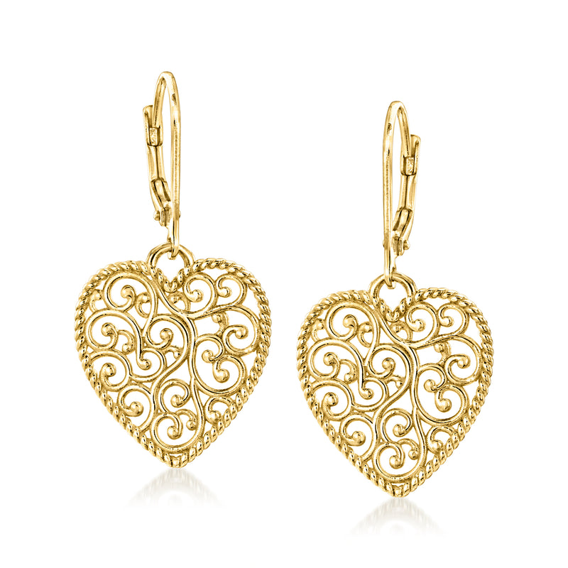 Gold-plated filigree heart drop earrings with leverback hooks