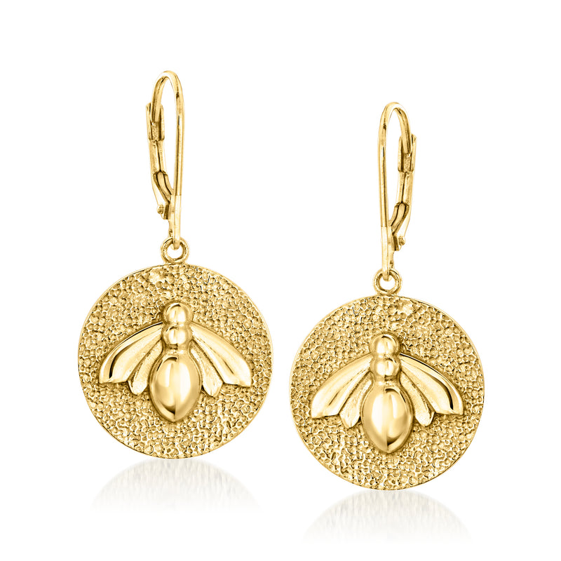 Gold-tone bumblebee drop earrings with round disc and leverback hooks