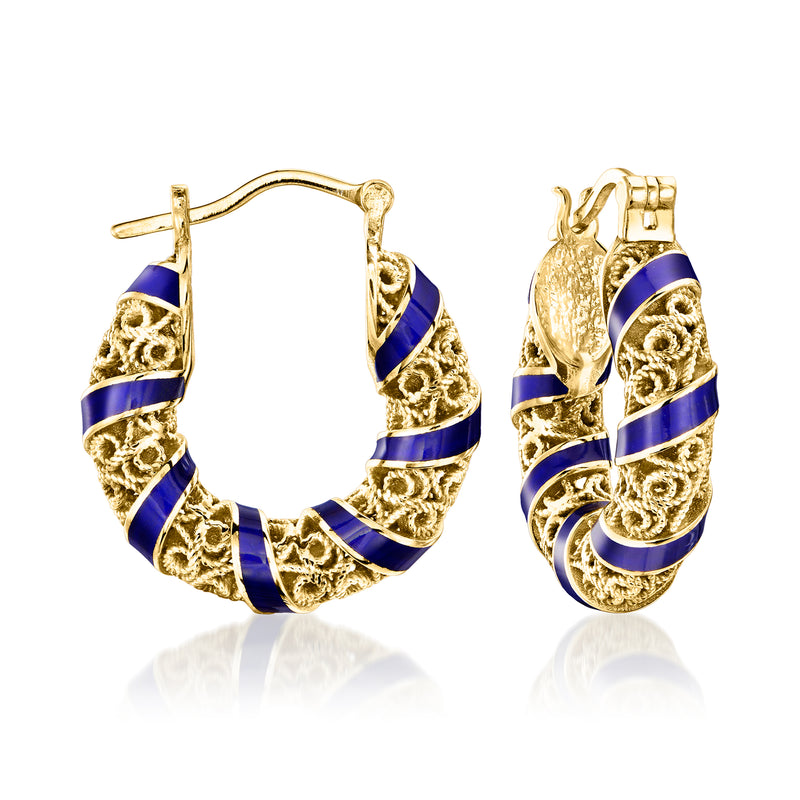 Yellow gold hoop earrings with blue enamel bands and ornate filigree detail
