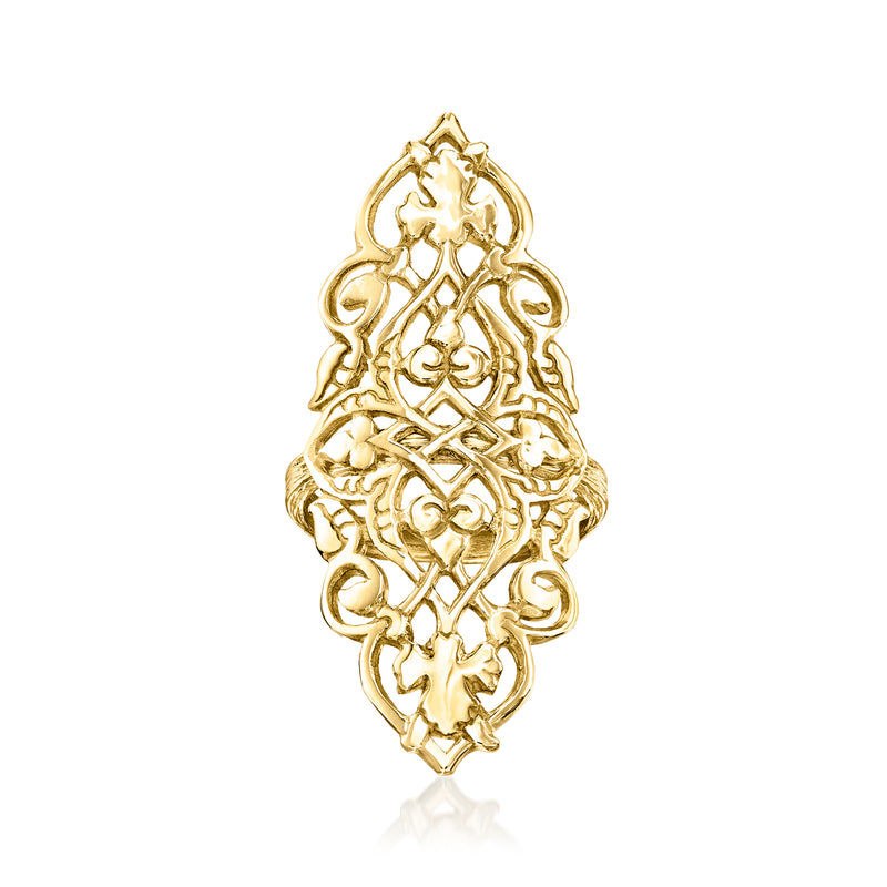 Elongated Turkish-pattern gold-plated ring with open filigree front view