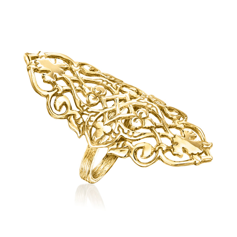 Elongated Turkish-pattern gold-plated ring with ornate filigree design