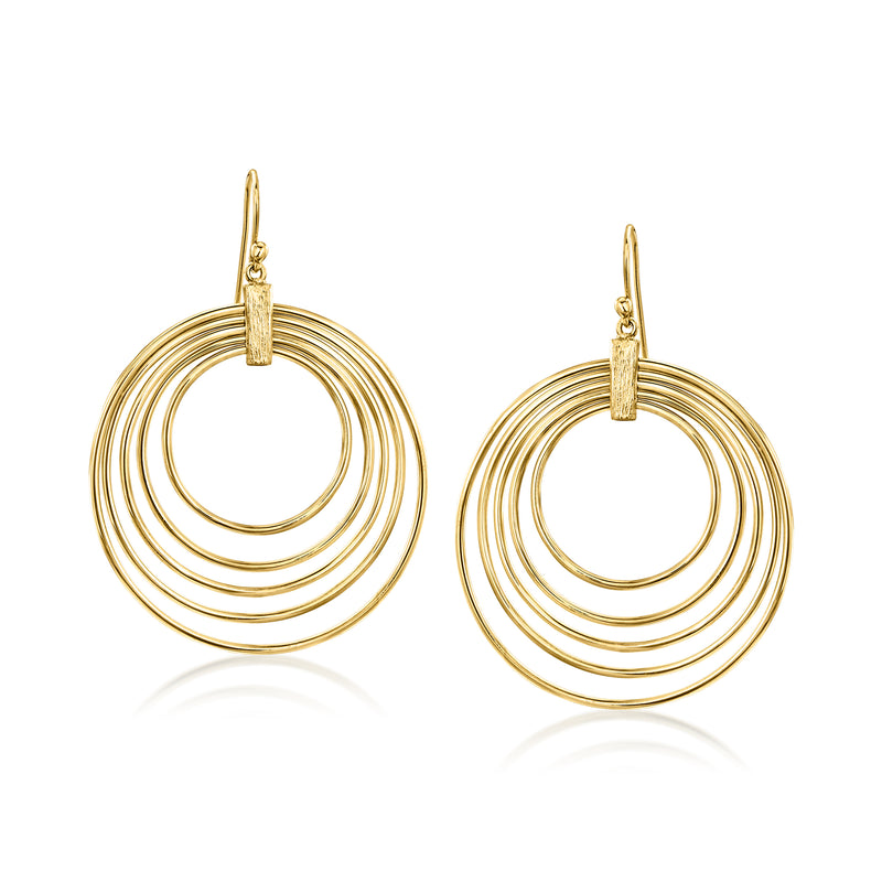 Gold-plated multi-circle drop earrings, two-layered circular hoops with earwires