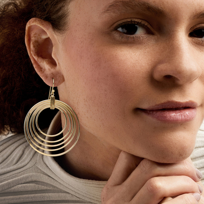 Gold-plated multi-circle drop hoop earrings on earwire, layered circular hoops