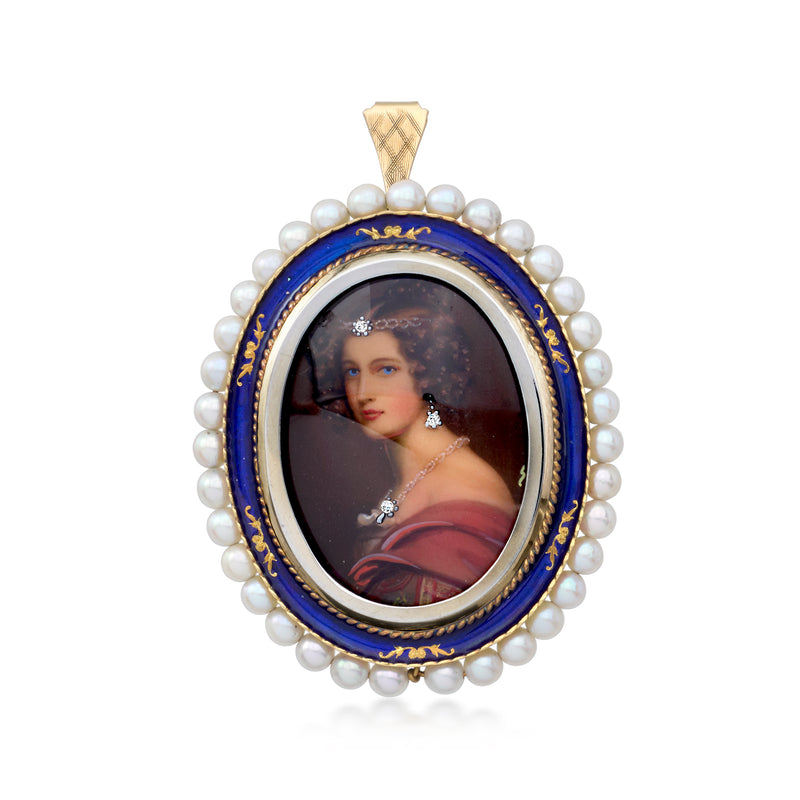 Oval portrait pendant in blue enamel with pearl border and small diamond accents