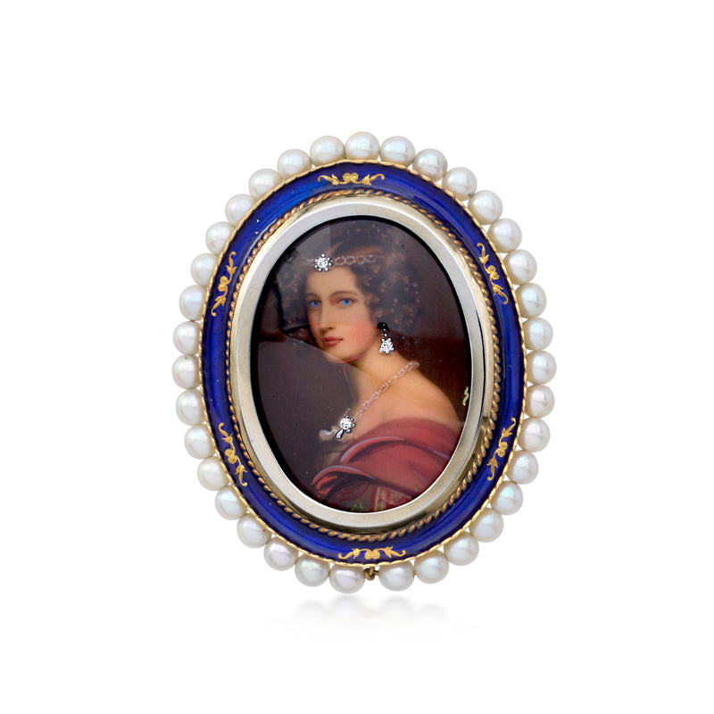 Oval portrait pendant with blue enamel bezel, pearl border, and gold bail