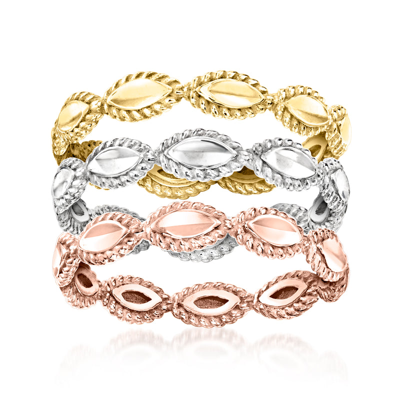 Stackable gold, silver, rose-tone rings with oval-cut settings, linked band style