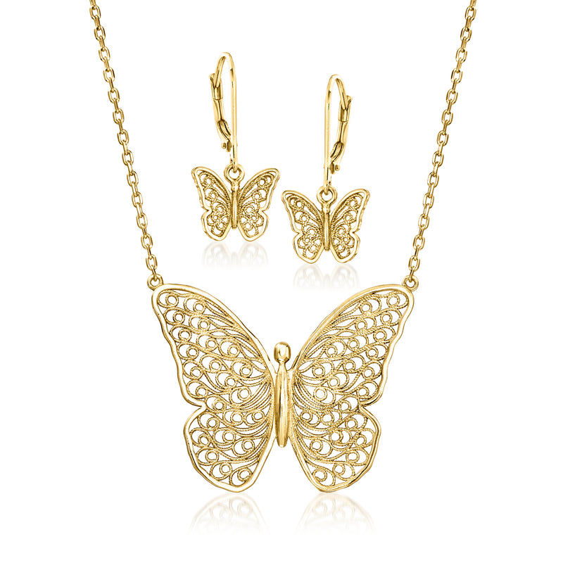 Butterfly drop earring and necklace set, gold-plated filigree butterflies